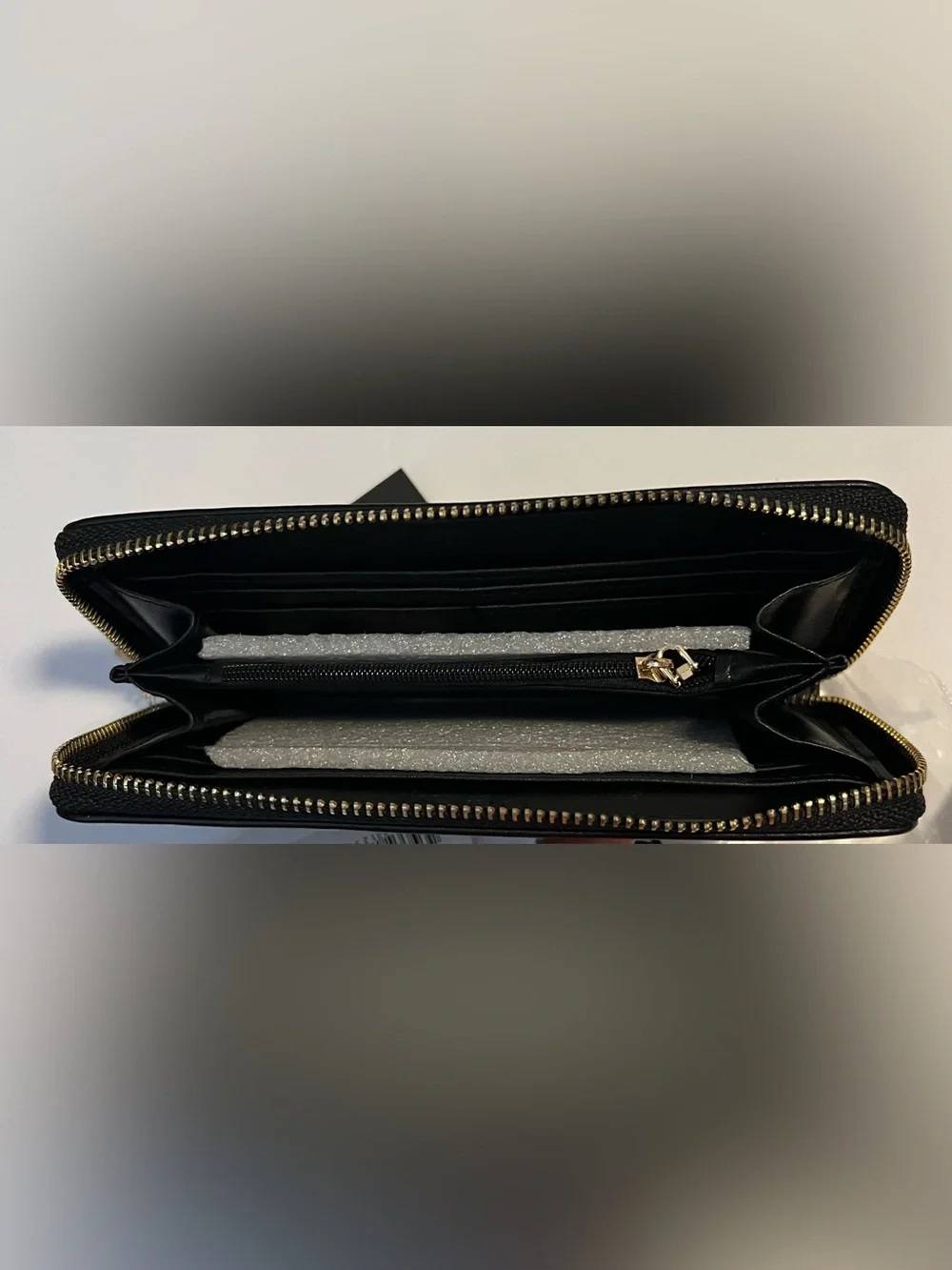 NWT bebe Black Zip Around Wallet Wristlet Gold Logo Clutch
